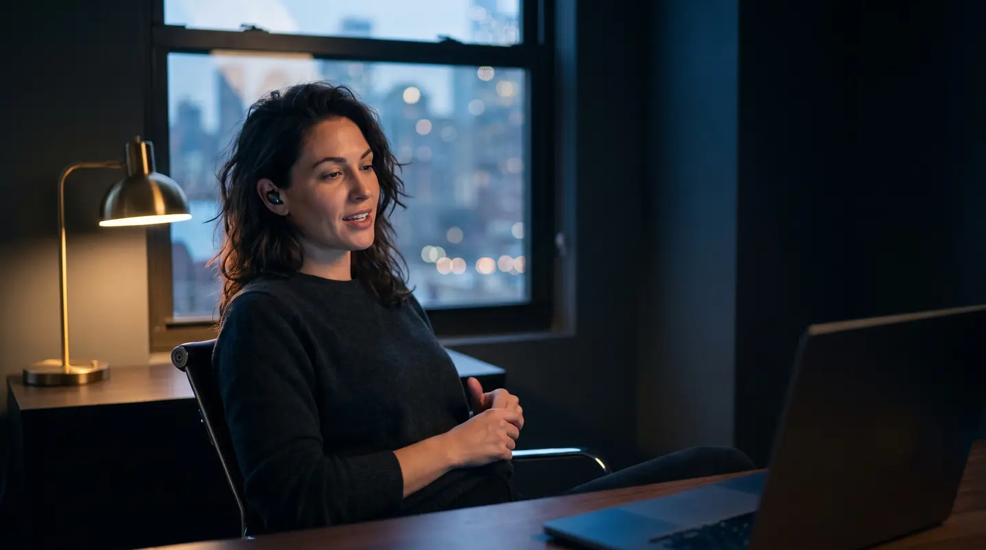 A woman at her desk at dusk, talking to her laptop with her hands off the keyboard