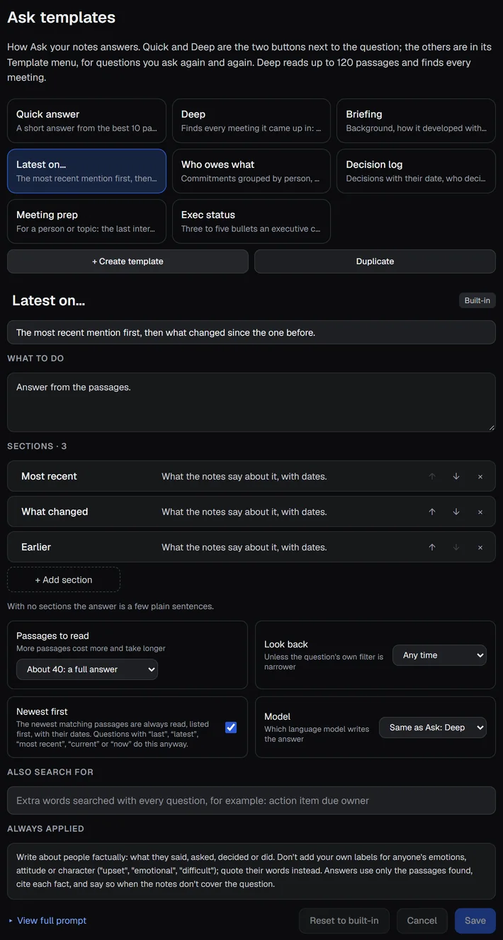 Settings, Templates, Ask templates: the list, and the editor for Latest on… with its sections, passages, look back, newest first and model.