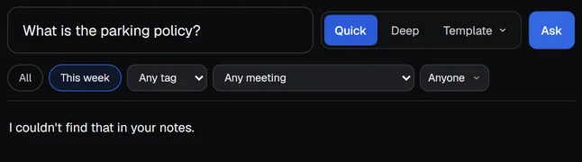 The Ask page with This week selected, a question about a parking policy, and the answer I couldn't find that in your notes.