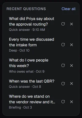 The Recent questions column: five questions, each with how it was asked and when, and Clear all above them.