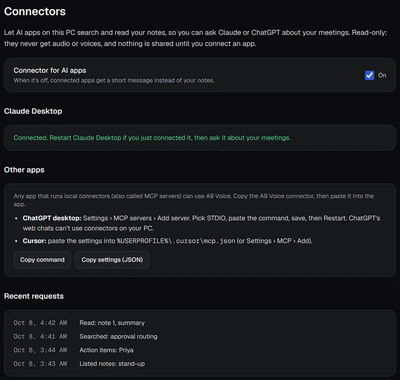 The Claude Desktop section saying Connected, Restart Claude Desktop if you just connected it, then ask it about your meetings.