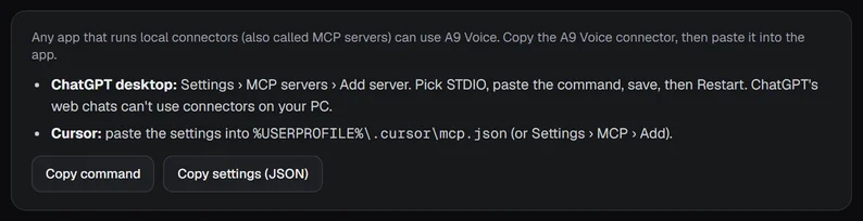 The Other apps section with the steps for ChatGPT desktop and Cursor, and the Copy command and Copy settings (JSON) buttons.
