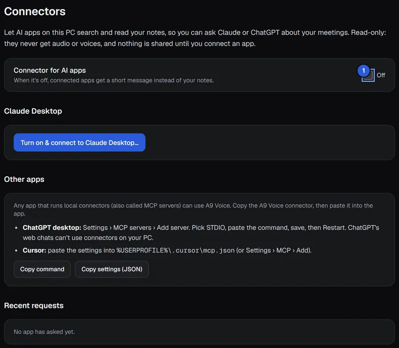 The Connectors page: a short explanation, the switch Connector for AI apps (marked 1, currently Off), a Claude Desktop section with a Turn on and connect button, Other apps with the Copy command and Copy settings (JSON) buttons, and an empty Recent requests list.