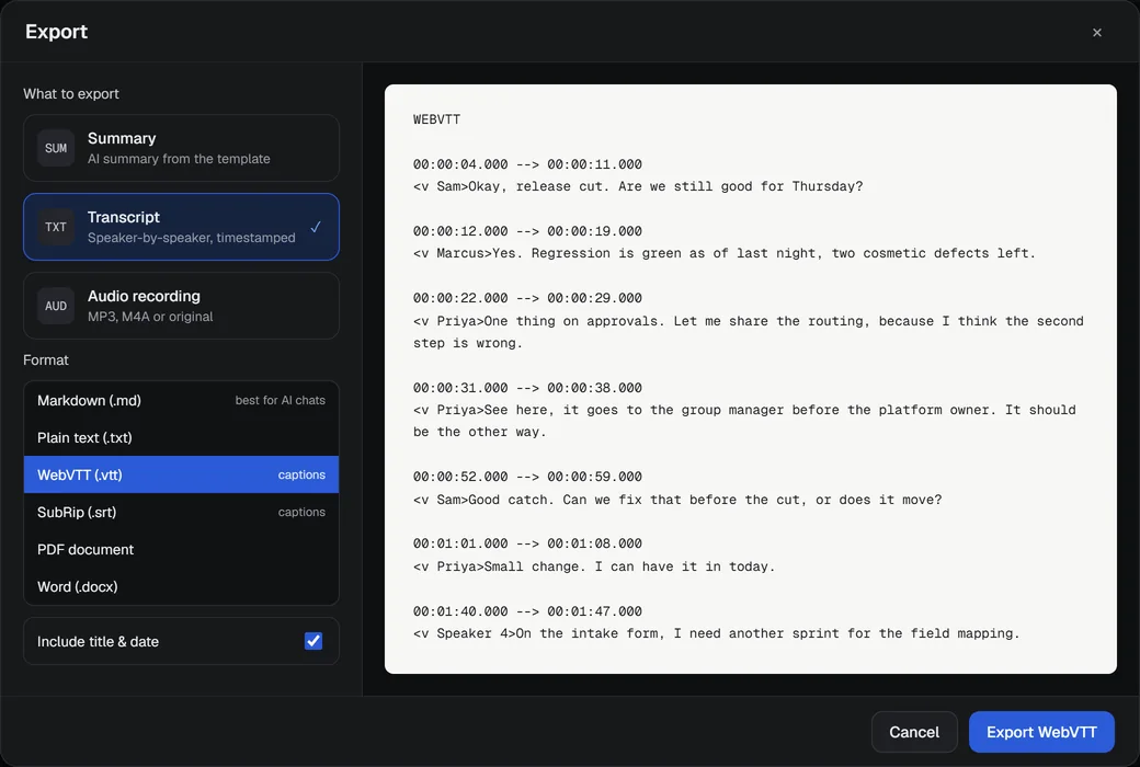 A transcript as WebVTT captions
