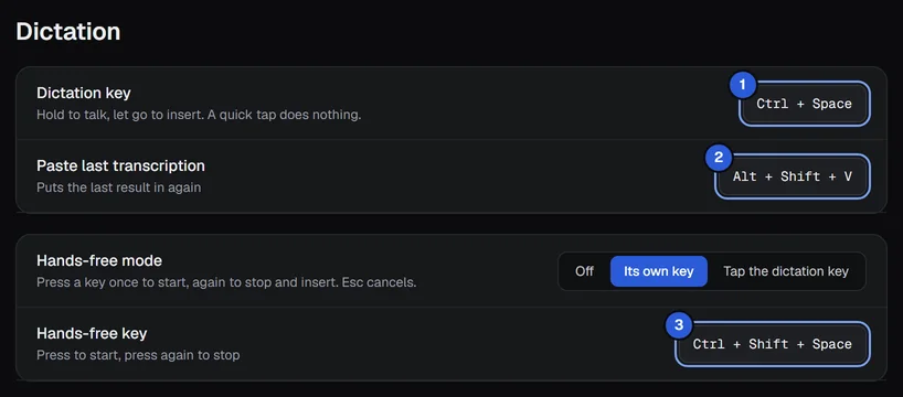 Settings › Dictation with the dictation key, Paste last transcription, Hands-free mode and the Hands-free key