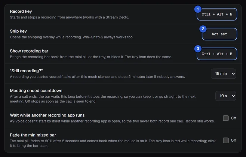 Settings › Recording: Record key, Snip key and Show recording bar