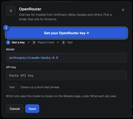 The OpenRouter window before a key