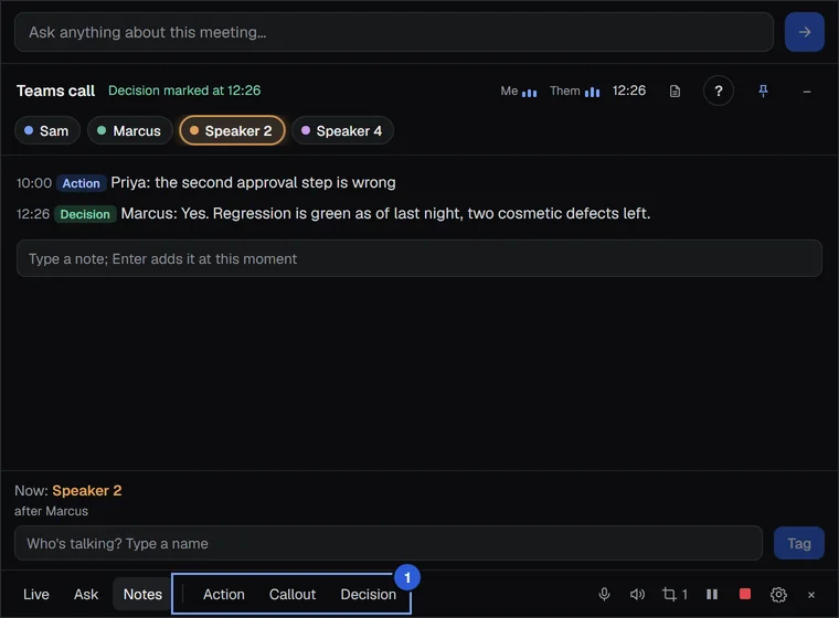 The Notes tab with an Action and a Decision