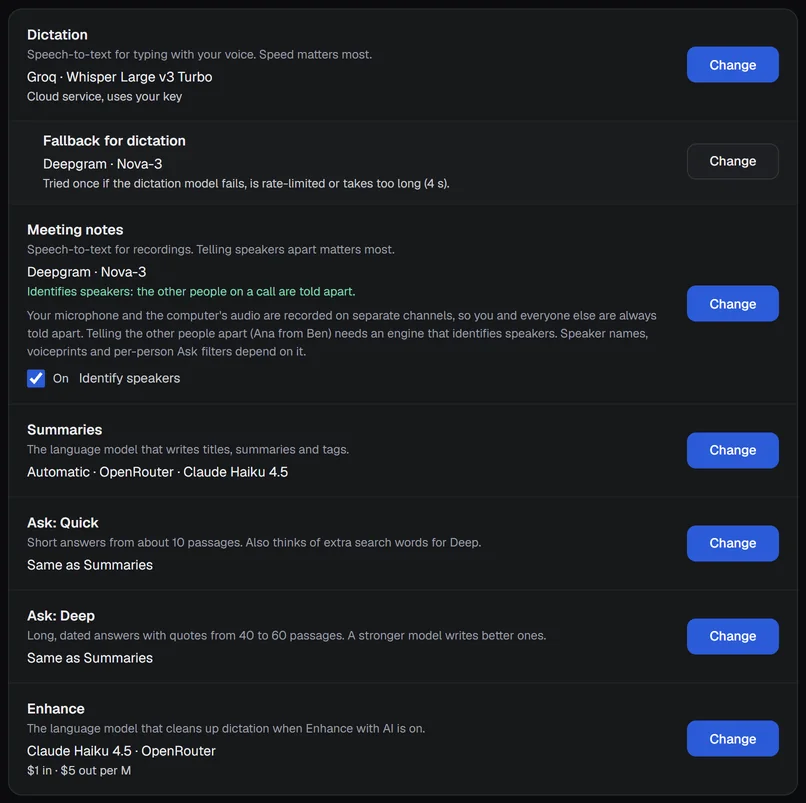 Settings, Models: a row per job, each with its model and a blue Change button.