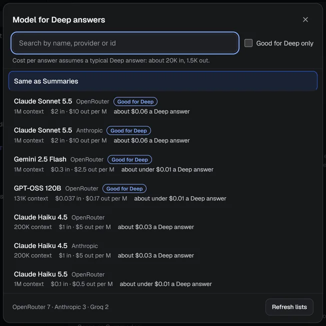 The model list: search, the Good for Deep badge, context windows, prices and the cost of a Deep answer.