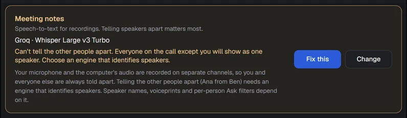 The Meeting notes row with an amber border, the warning and a Fix this button.