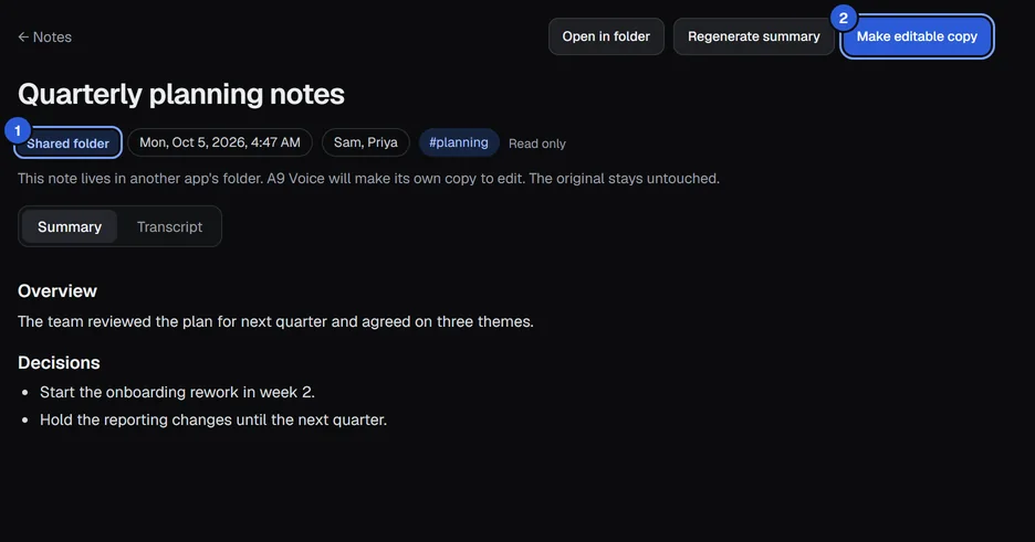 A read-only note with the Make editable copy button