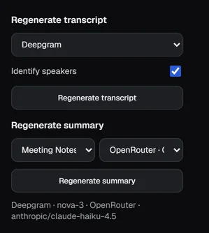 Regenerate transcript and Regenerate summary, with the model line