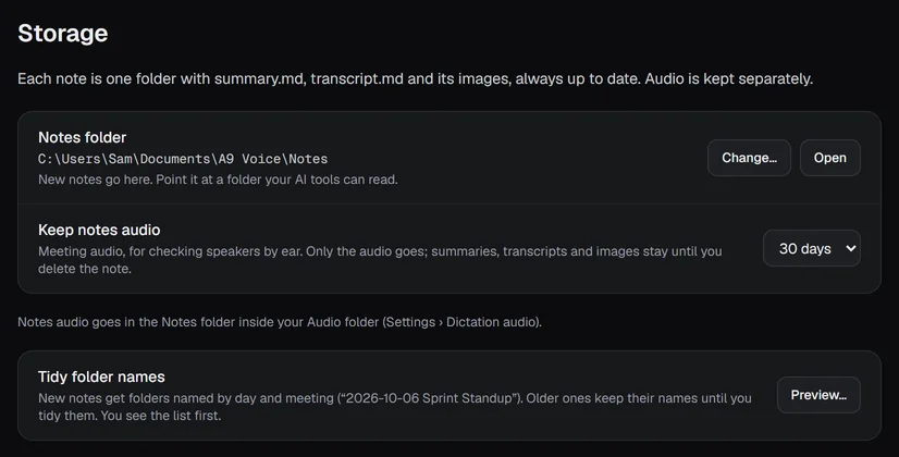 Settings, Storage: the notes folder and Keep notes audio