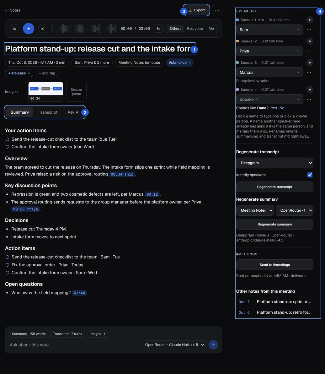 A note open on the Summary tab, with four numbered areas