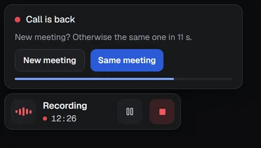 The Call is back card with New meeting and Same meeting