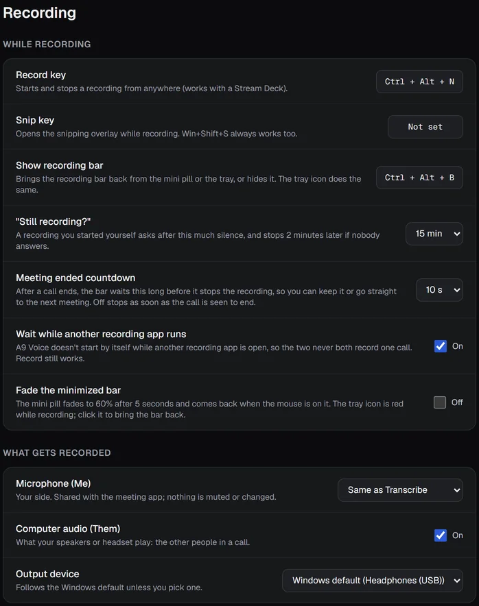 What gets recorded and the settings used while recording