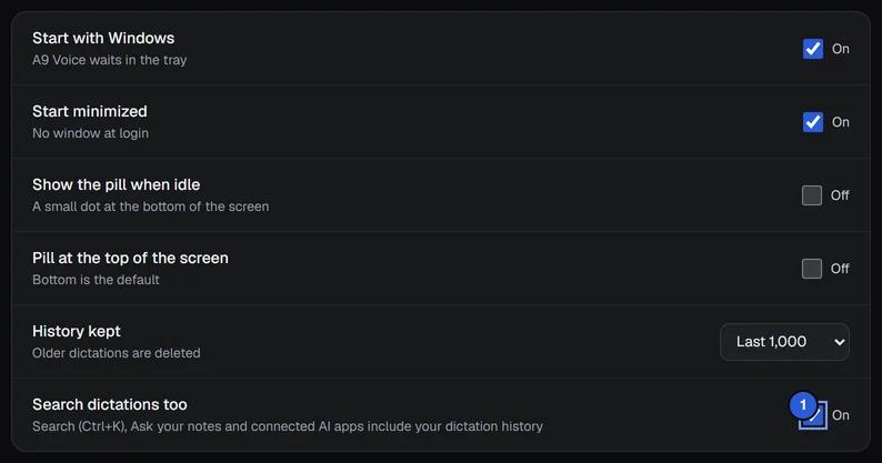 Settings, General page, with Search dictations too switched on and marked 1.