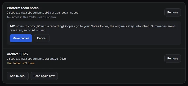 The folder row with the copy box open: 142 notes to copy (12 with a recording), the originals stay untouched, and the buttons Make copies and Cancel.