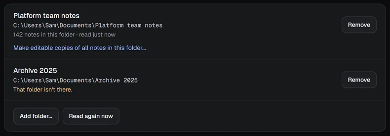 Settings, Notes, Search: two folders. Platform team notes shows 142 notes in this folder, read just now, with a link to make editable copies. Archive 2025 shows That folder isn't there. Add folder and Read again now are underneath.