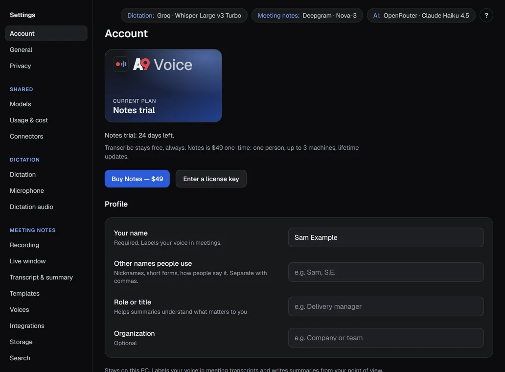 Settings › Account: the plan card, the profile fields and the Data card.