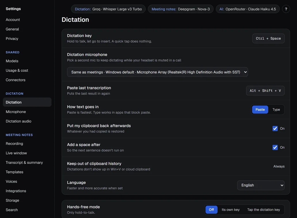 Settings › Dictation: the keys, how text goes in, hands-free mode and Enhance with AI.