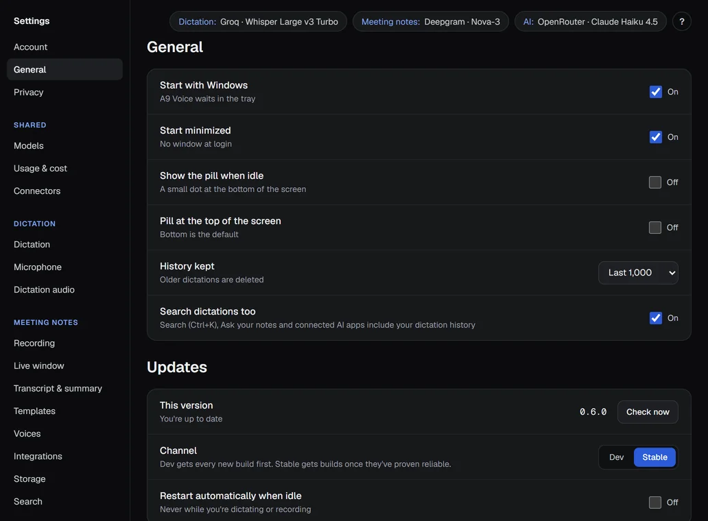Settings › General: start-up, the pill and how much history to keep.