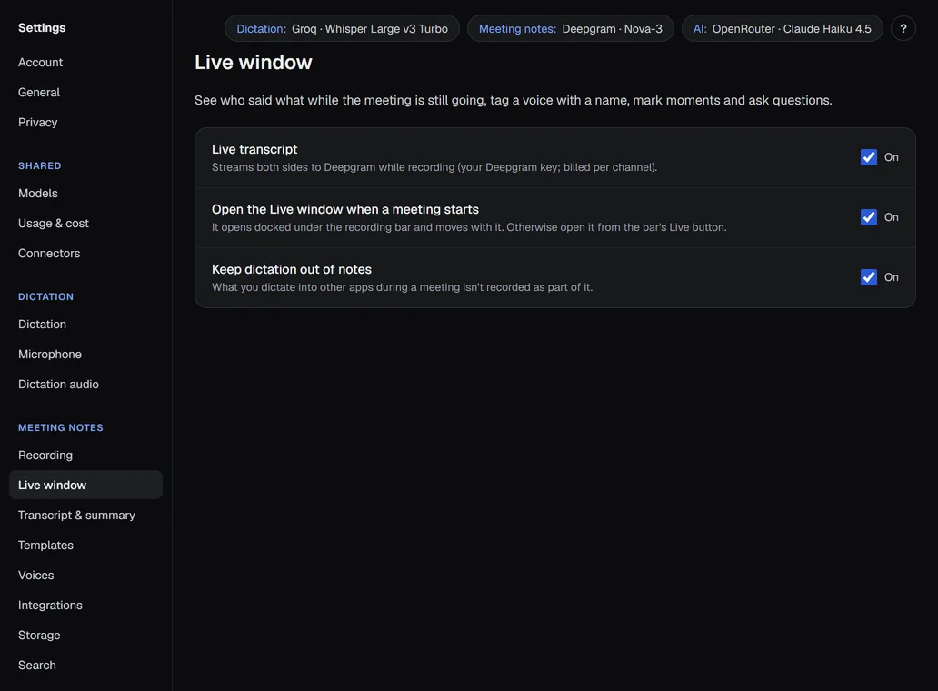 Settings › Live window: the three options.