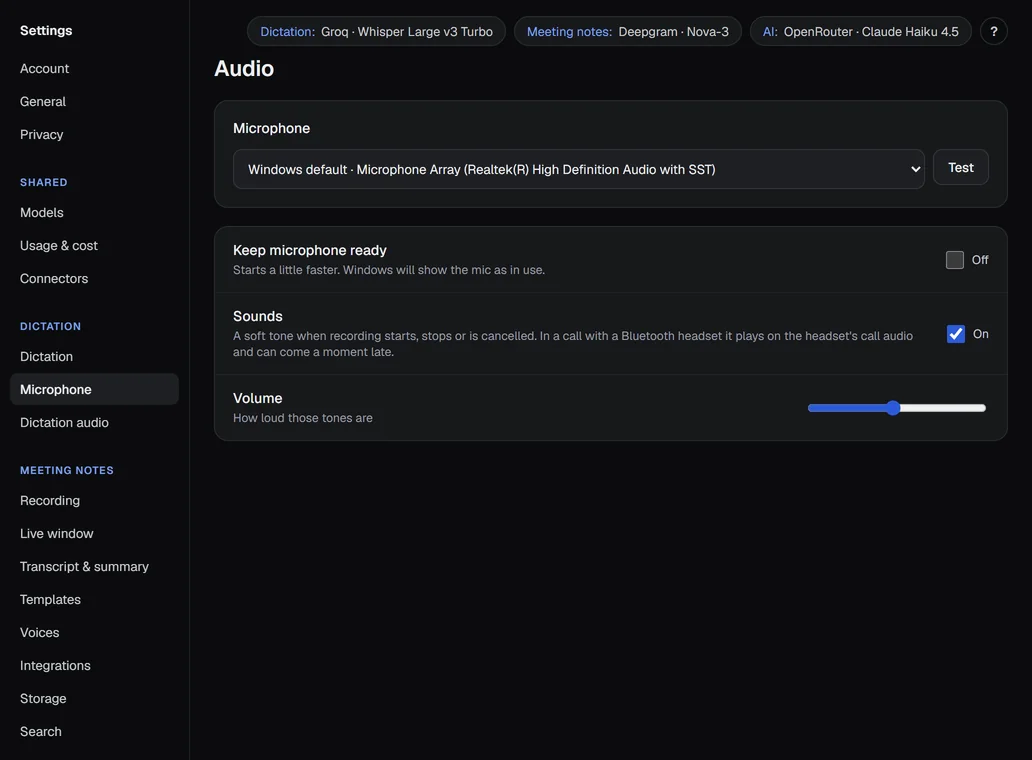 Settings › Microphone: the microphone picker with Test, and the three options under it.