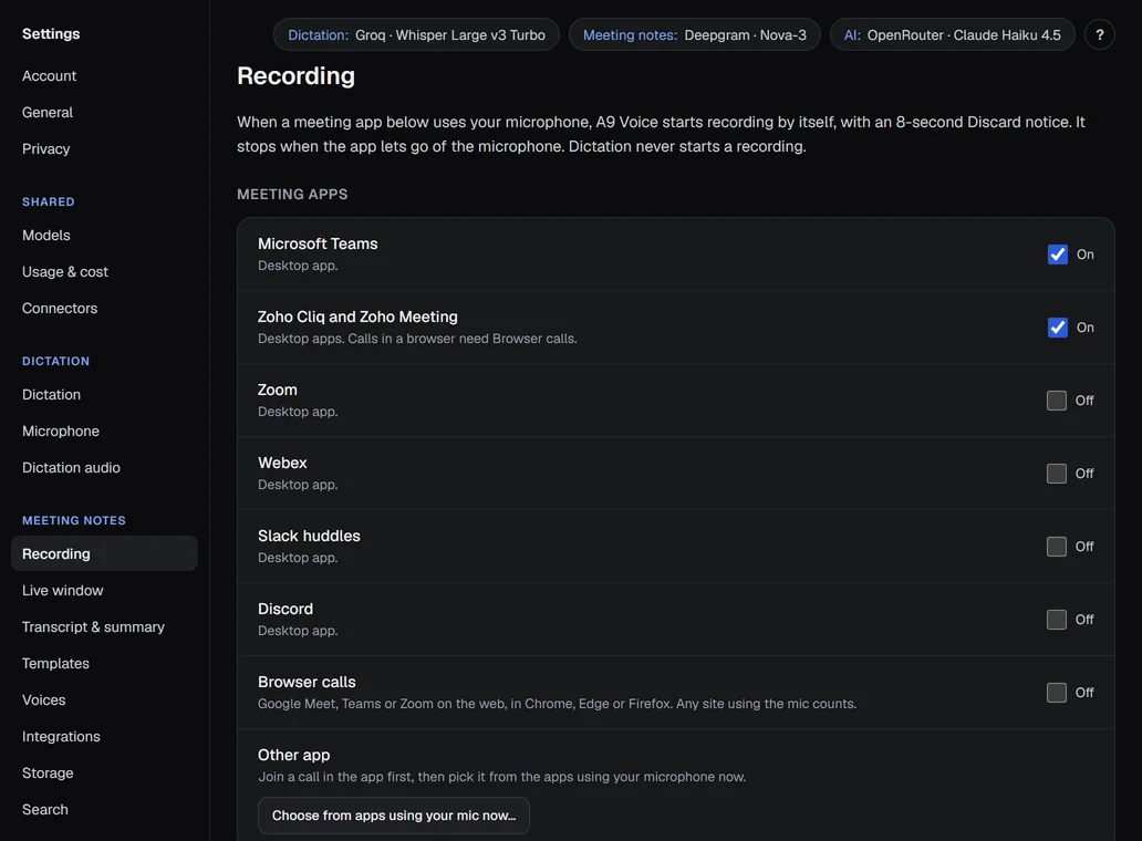 Settings › Recording: the meeting apps and the keys used while recording.