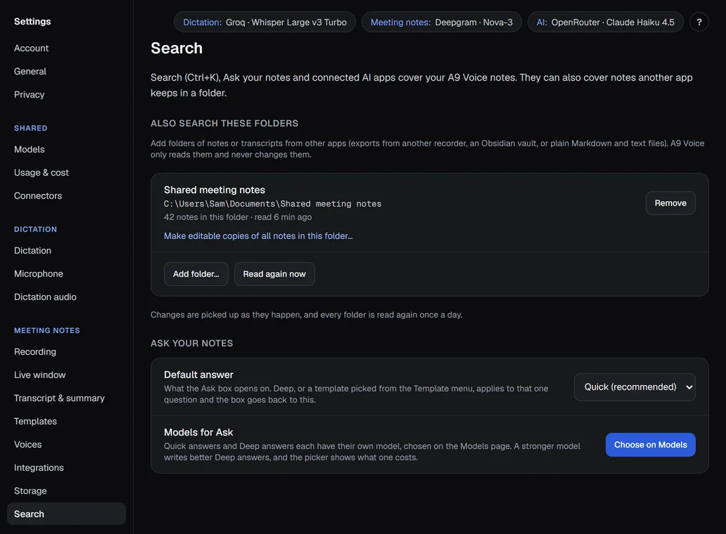 Settings › Search: extra folders to search, the Default answer, and the model for Deep answers.
