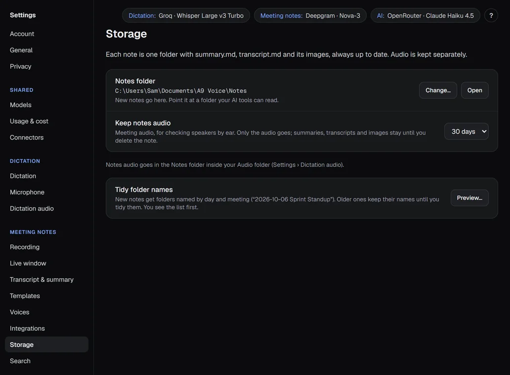 Settings › Storage: the notes folder, how long to keep audio and Tidy folder names.