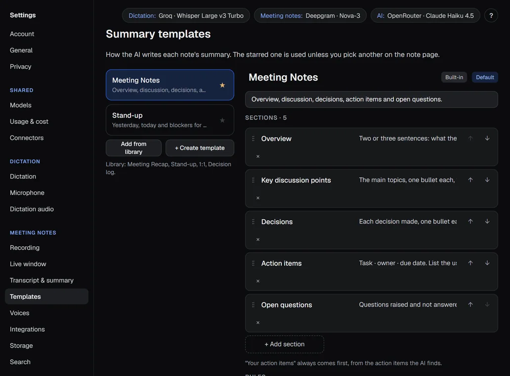 Settings › Templates: the template list and the editor with sections and branding.