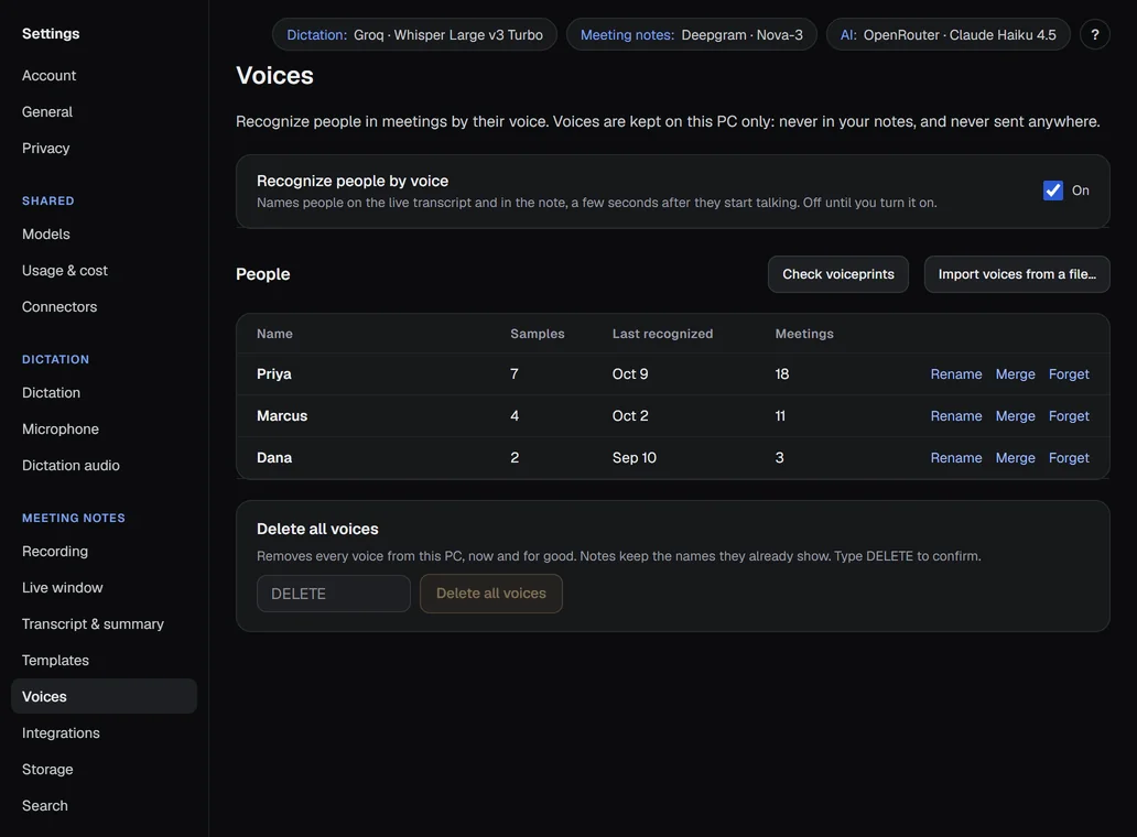 Settings › Voices: the switch and the list of people.