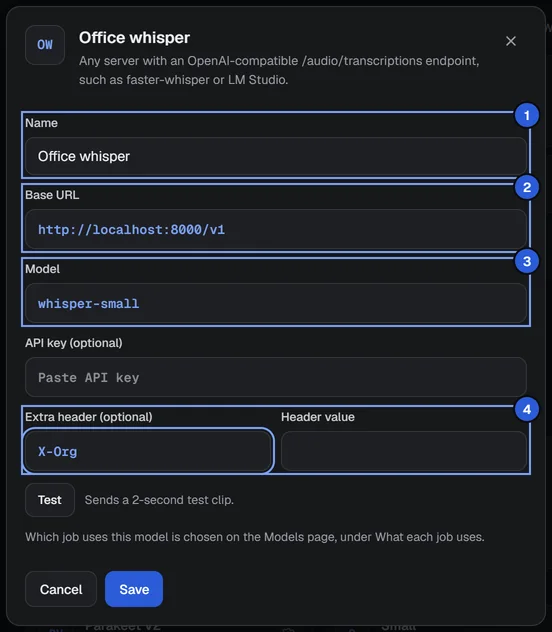 A custom server: name, address, model and an extra header