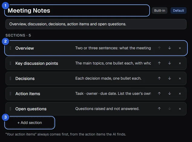 The editor: name, description and sections