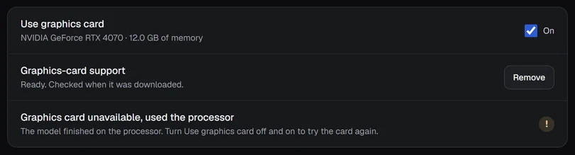 The graphics-card panel on Speech models after the card had a problem.