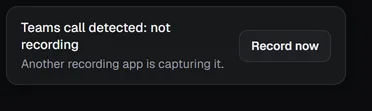 The recording bar's notice that a call was found but not recorded, with a Record now button.