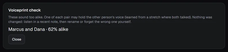 The Voiceprint check result: Marcus and Dana, 62 percent alike, with the explanation and a Close button.