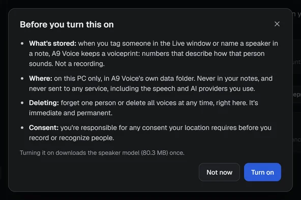 The window Before you turn this on, with four points: What's stored, Where, Deleting and Consent, and the buttons Not now and Turn on.