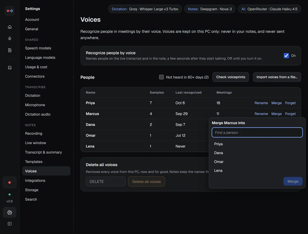 The name picker under Merge, listing the other saved people.