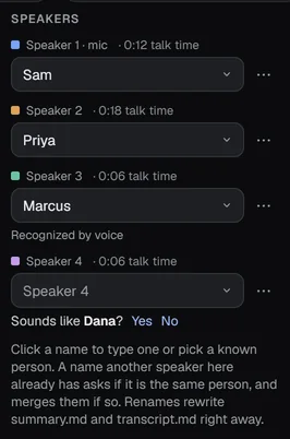 The note's Speakers list: Marcus marked Recognized by voice, and Speaker 4 with the question Sounds like Dana, Yes or No.
