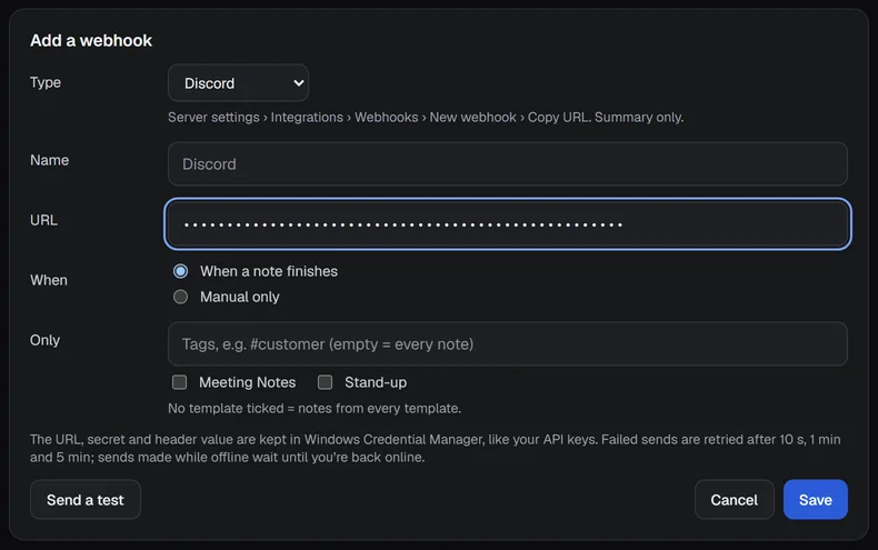 The Add a webhook form with Type Discord: no What to send list, only When, Only, and a hidden URL.