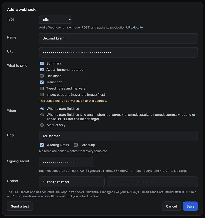 The same form with a tag, a template ticked, Transcript ticked with its warning, a hidden signing secret, and a header name with a hidden value.