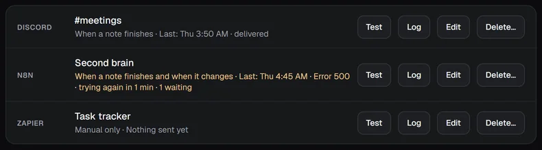 The list of three webhooks: a Discord one that delivered, an n8n one with Error 500, trying again in 1 min and 1 waiting, and a Zapier one set to Manual only.