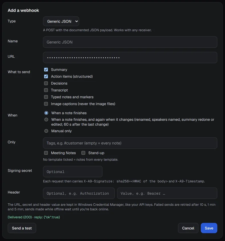 The form after Send a test: Delivered (200), reply: {"ok":true}.