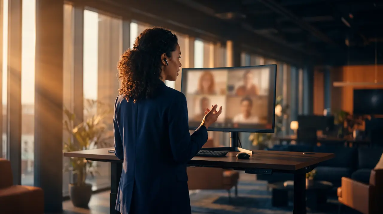 A woman at a standing desk on a video call at golden hour