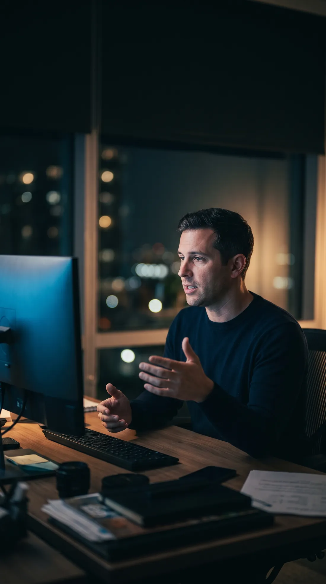 A man at his desk at night, talking toward his monitor